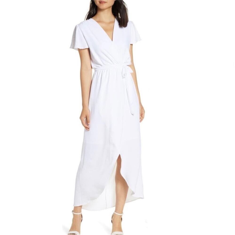 NWT Fraiche by J Faux Wrap Short Sleeve Hi-Low White Midi Dress Size Large